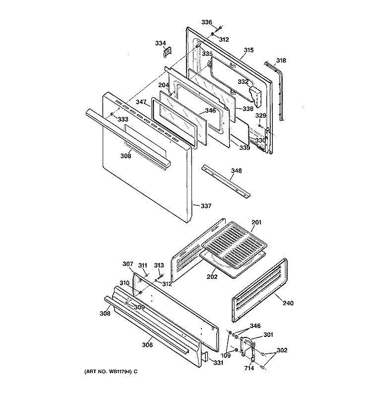 DOOR & DRAWER PARTS Diagram and Parts List for JGBS15PEA2AD  General Electric Range