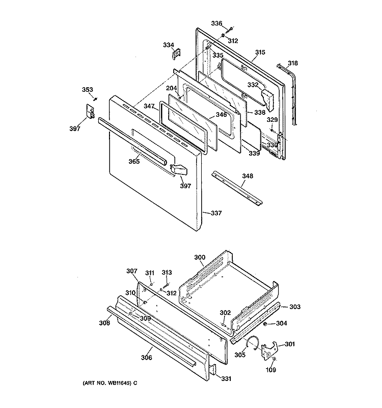 DOOR & DRAWER PARTS Diagram and Parts List for JGBS07PEA2WW  General Electric Range
