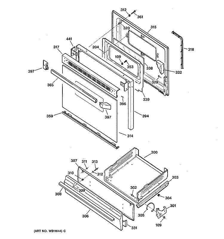 DOOR & DRAWER PARTS Diagram and Parts List for JGSS05BEA2BB  General Electric Range