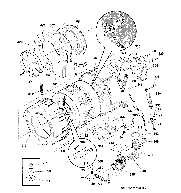 TUB & MOTOR Diagram and Parts List for WSXH208V0WW  General Electric Washer