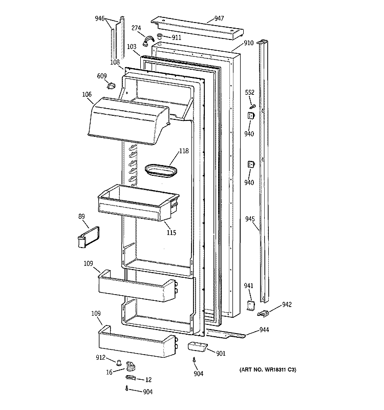 FRESH FOOD DOOR Diagram and Parts List for TPJ24BIBAWW  General Electric Refrigerator