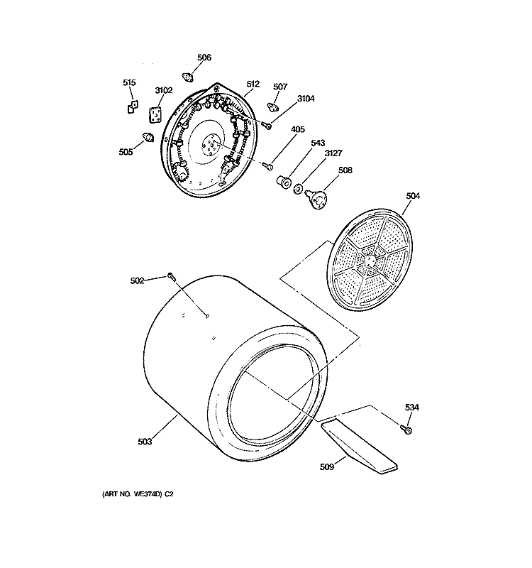 DRUM Diagram and Parts List for DBXR453EV0WW  General Electric Dryer