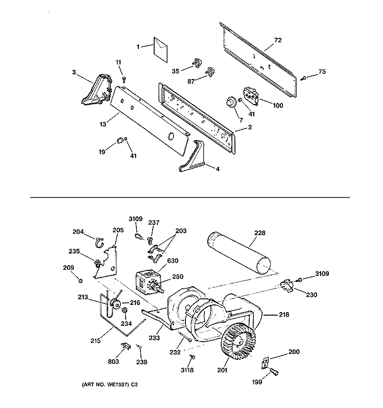 BACKSPLASH, BLOWER & DRIVE ASSEMBLY Diagram and Parts List for DBXR453GV0WW  General Electric Dryer