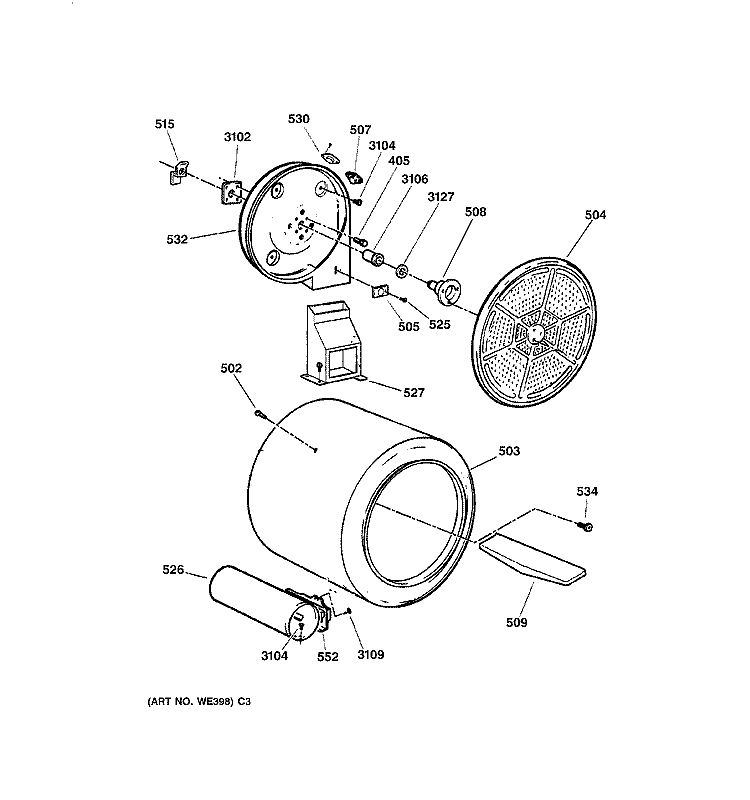 DRUM Diagram and Parts List for DBXR453GV0WW  General Electric Dryer