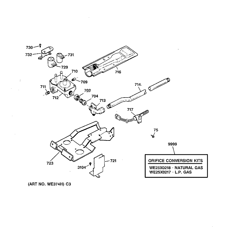 GAS VALVE & BURNER ASSEMBLY Diagram and Parts List for DBXR453GV0WW  General Electric Dryer