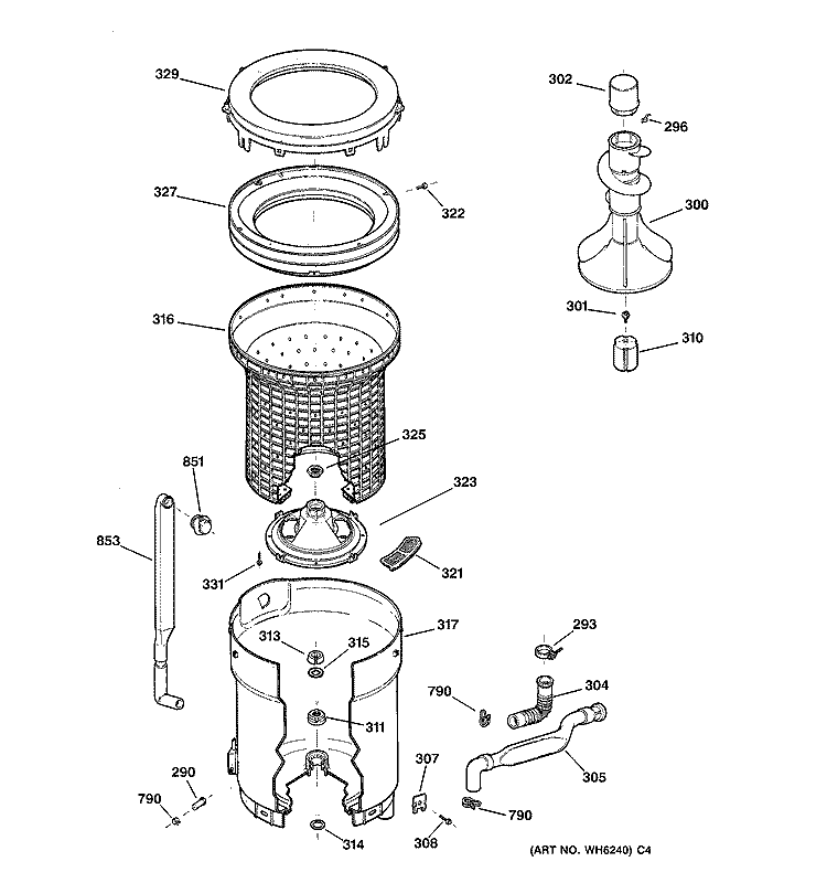 TUB, BASKET & AGITATOR Diagram and Parts List for WICB103CV1WC  General Electric Washer