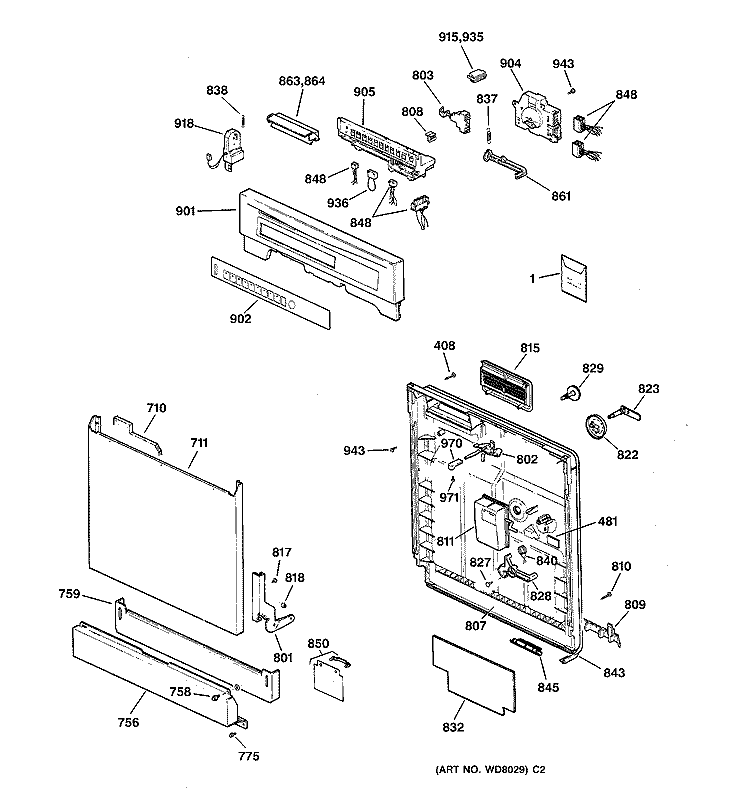 ESCUTCHEON & DOOR ASSEMBLY Diagram and Parts List for ZBD3500ZZ0WW  General Electric Dishwasher