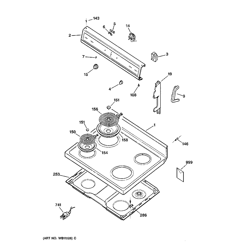 CONTROL PANEL & COOKTOP Diagram and Parts List for RB525V4  Hotpoint Range
