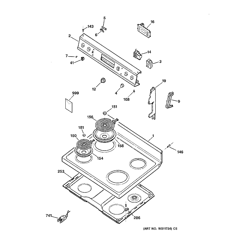CONTROL PANEL & COOKTOP Diagram and Parts List for RB632GW4  Hotpoint Range