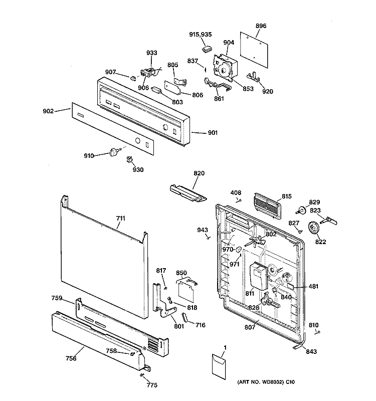 ESCUTCHEON & DOOR ASSEMBLY Diagram and Parts List for HDA2220Z02BB  Hotpoint Dishwasher