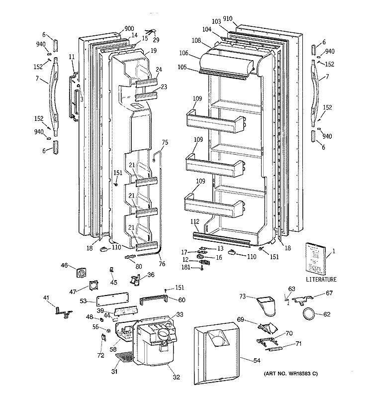 DOORS Diagram and Parts List for MRSC20KWBAWH  General Electric Refrigerator