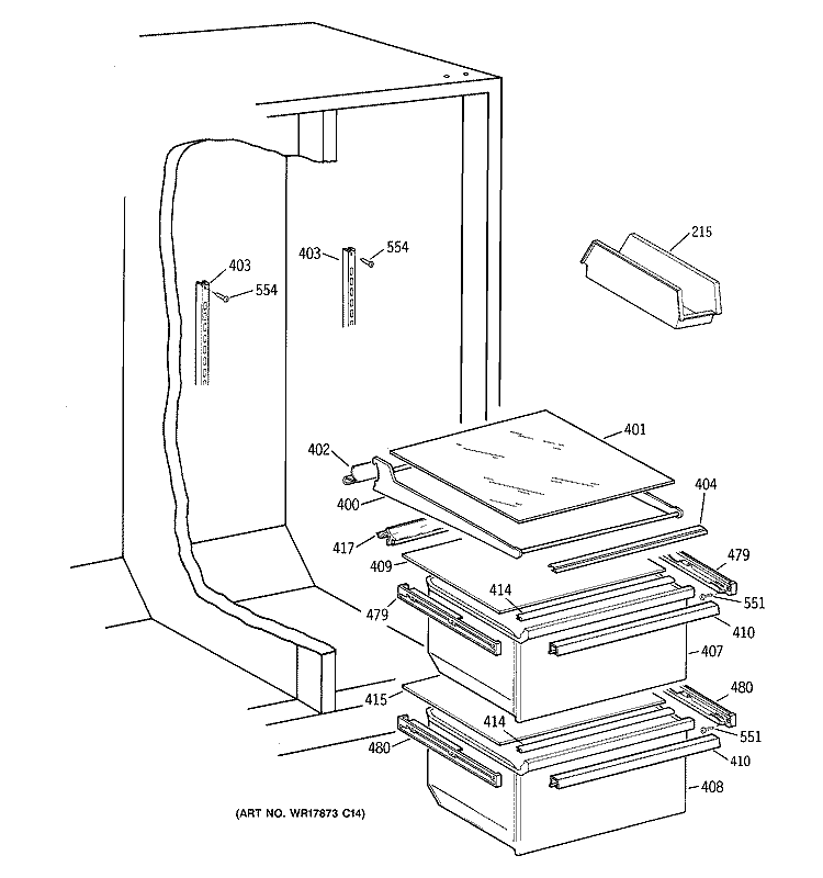 FRESH FOOD SHELVES Diagram and Parts List for MRSC20KWBAWH  General Electric Refrigerator
