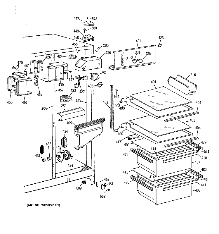 FRESH FOOD SECTION Diagram and Parts List for MSG20GABAWW  General Electric Refrigerator