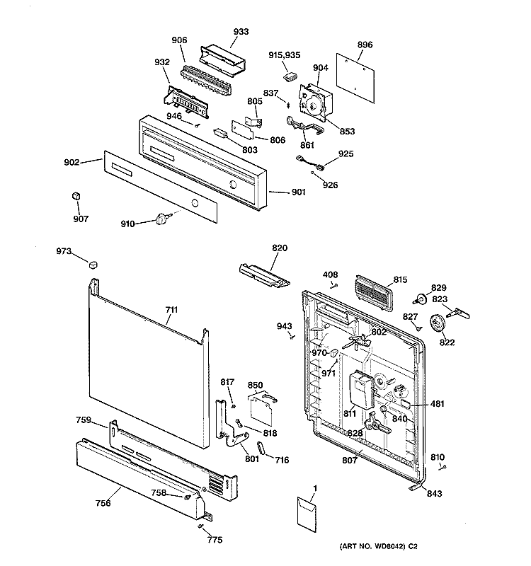 ESCUTCHEON & DOOR ASSEMBLY Diagram and Parts List for PSD3420Z02BB  General Electric Dishwasher