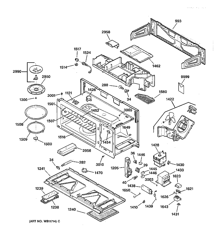 BASE, STIRRER & ELECTRONICS Diagram and Parts List for JVM1350SY02  General Electric Microwave