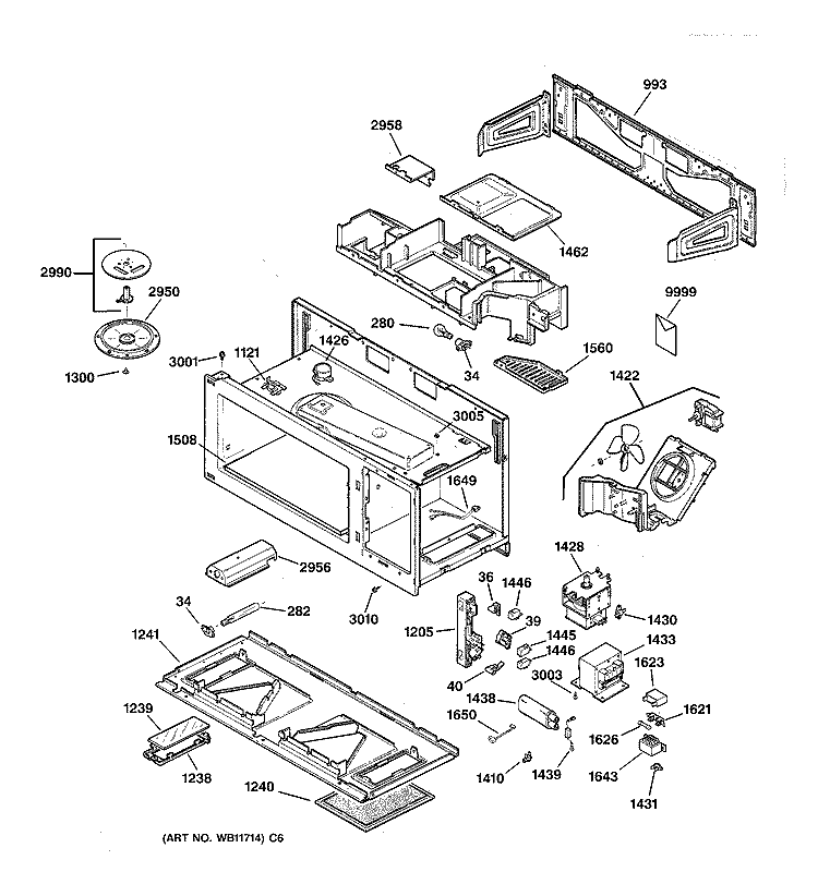 BASE, STIRRER & ELECTRONICS Diagram and Parts List for JVM1330WW05  General Electric Microwave