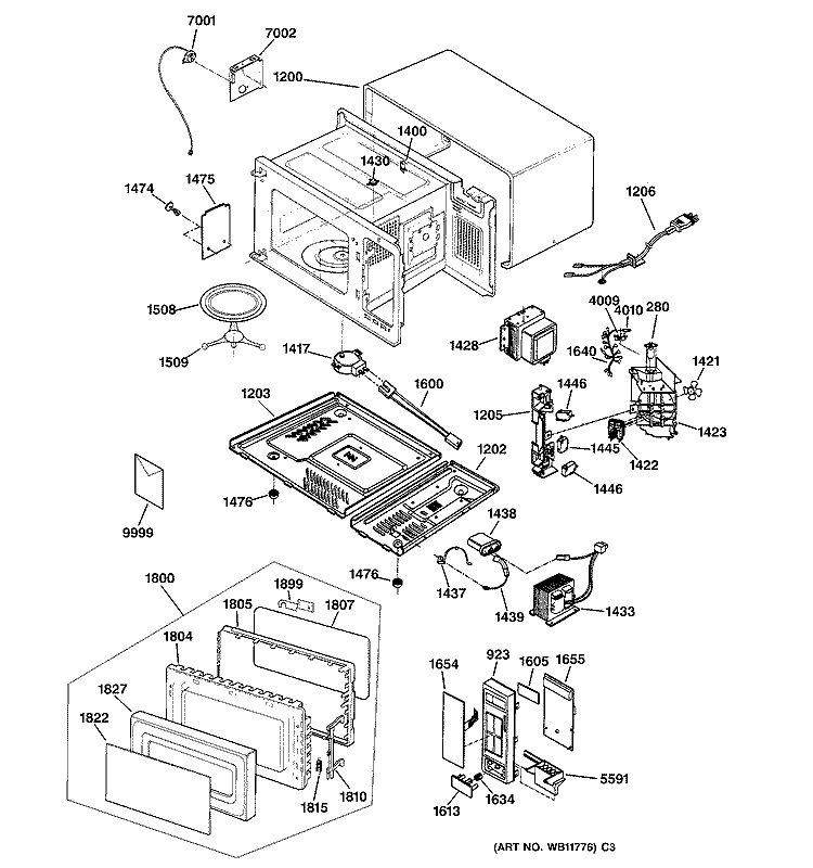 Section Diagram and Parts List for JE1350WA01  General Electric Microwave