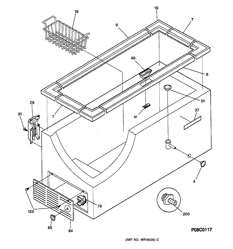 CABINET, CONTROLS & SHELVES Diagram and Parts List for FCM15DAAWH  General Electric Freezer
