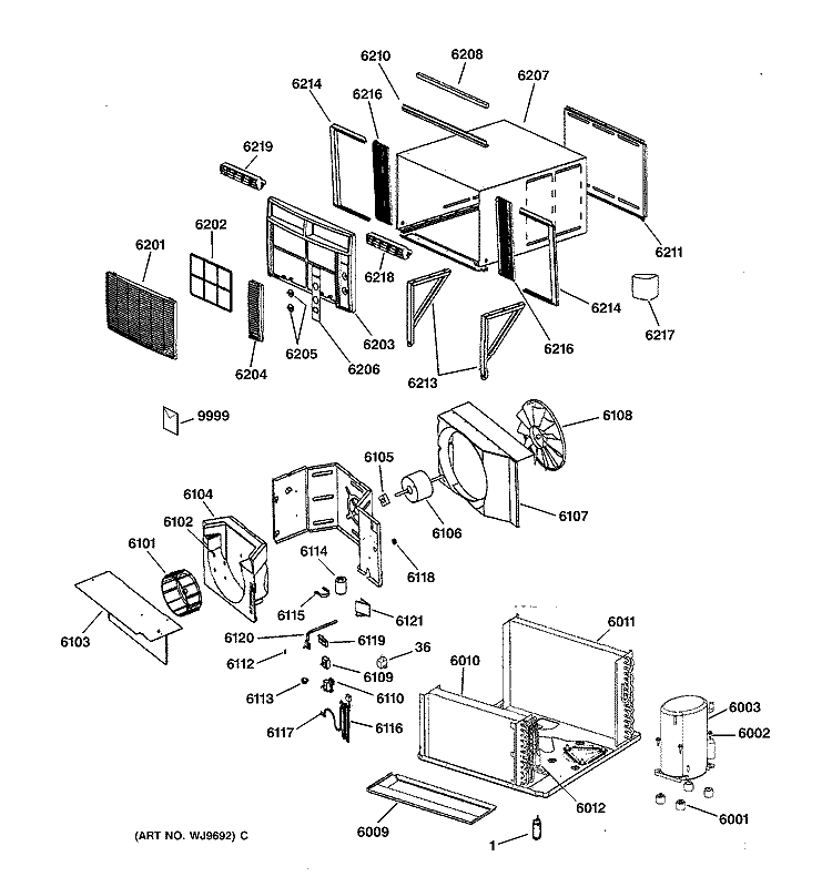 Section Diagram and Parts List for ABN24DAR2  General Electric Air Conditioner