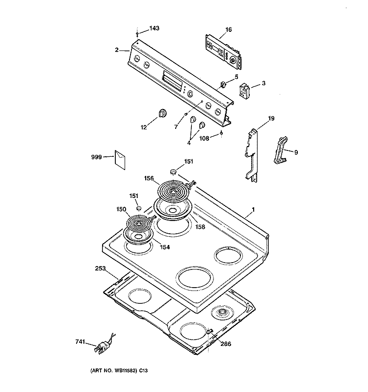 CONTROL PANEL & COOKTOP Diagram and Parts List for JBP19BY4  General Electric Range