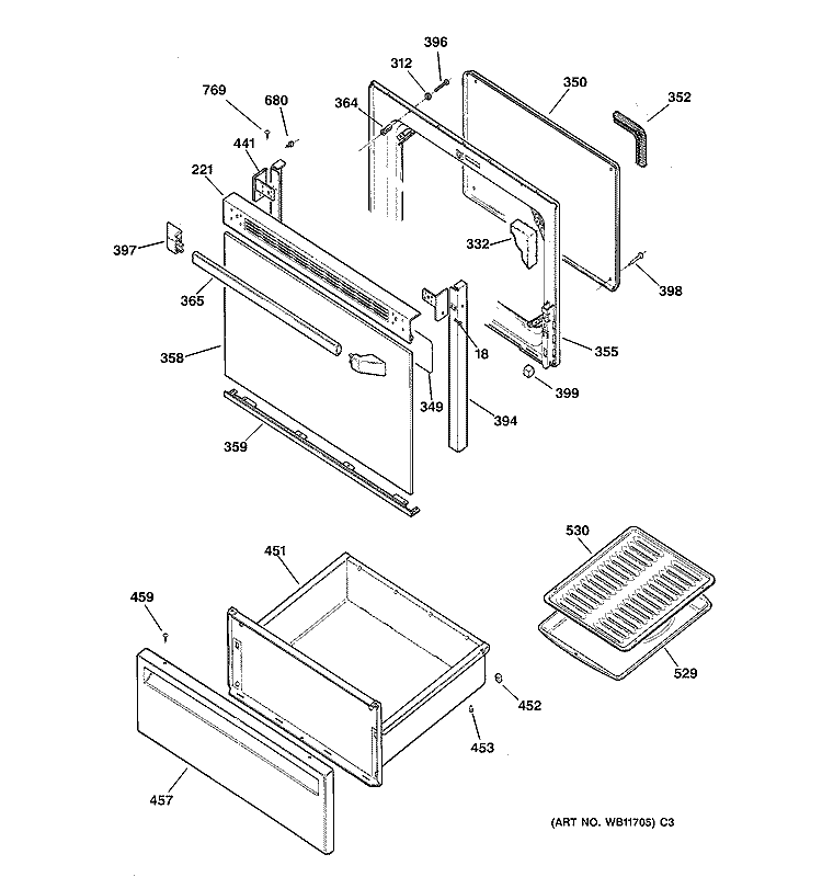 DOOR & DRAWER PARTS Diagram and Parts List for JBP21BY4  General Electric Range