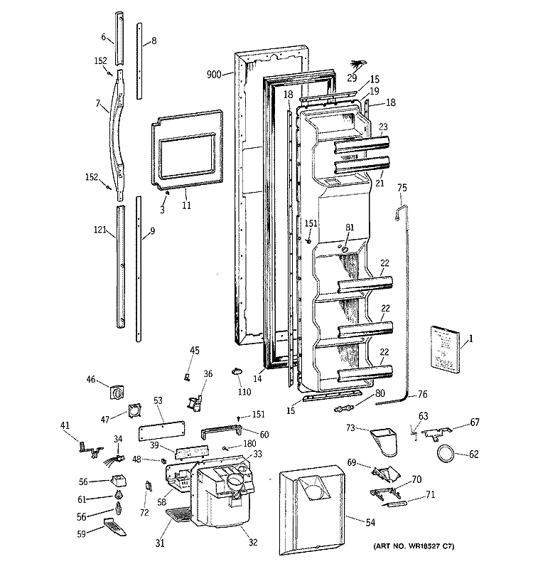FREEZER DOOR Diagram and Parts List for TFG25PRAAWW  General Electric Refrigerator