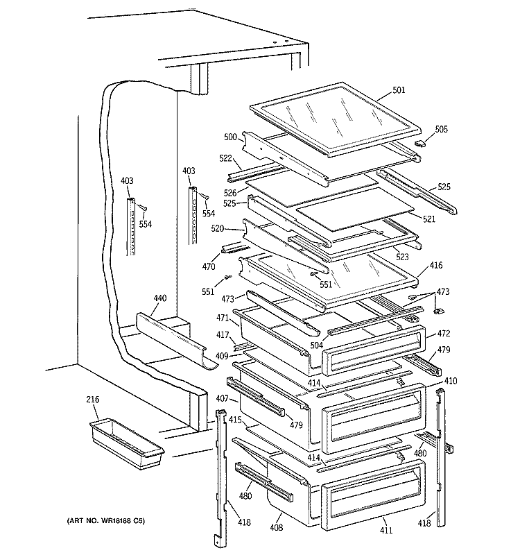 FRESH FOOD SHELVES Diagram and Parts List for TFG25PRAAWW  General Electric Refrigerator