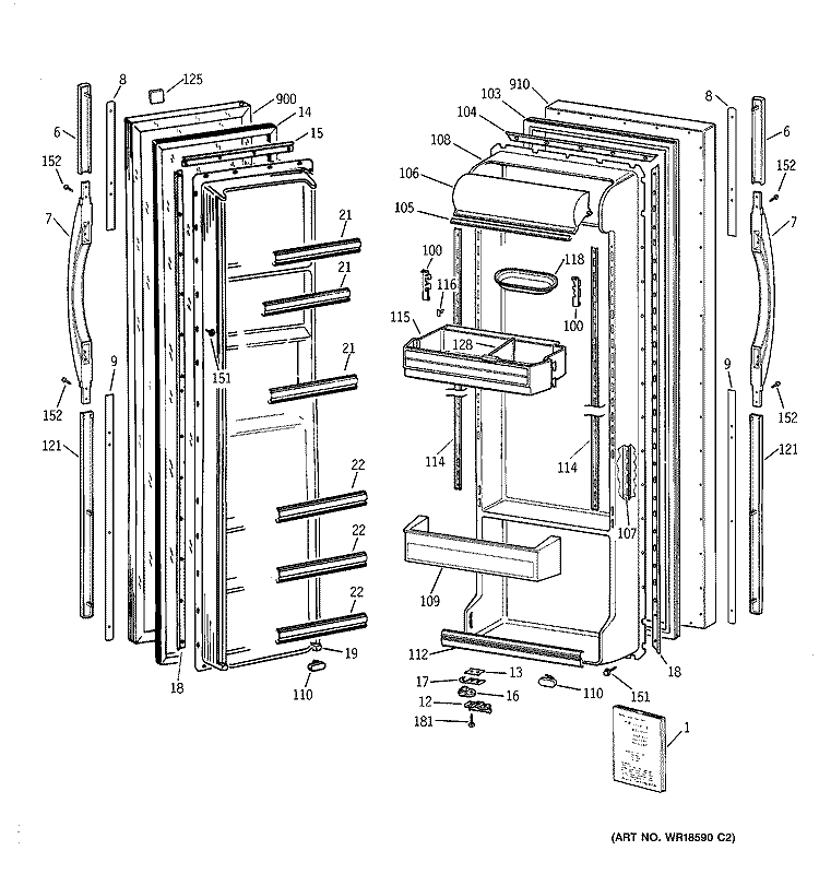 DOORS Diagram and Parts List for TFG25PAAAWW  General Electric Refrigerator