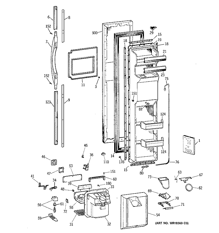 FREEZER DOOR Diagram and Parts List for TFG27PRAAWW  General Electric Refrigerator