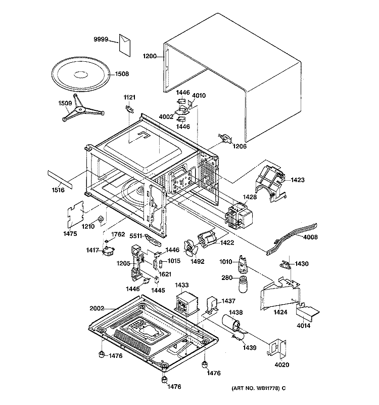 BOTTOM PLATE & INTERNAL PARTS Diagram and Parts List for JE1340GY01  General Electric Microwave