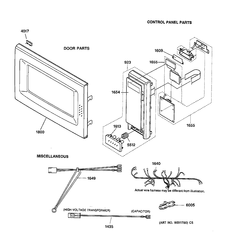 DOOR, CONTROL PANEL & WIRING Diagram and Parts List for JE1040GY01  General Electric Microwave
