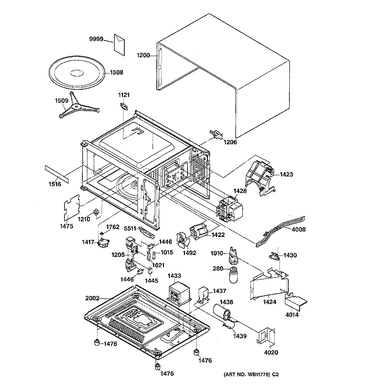BOTTOM PLATE & INTERNAL PARTS Diagram and Parts List for JE1340GY02  General Electric Microwave