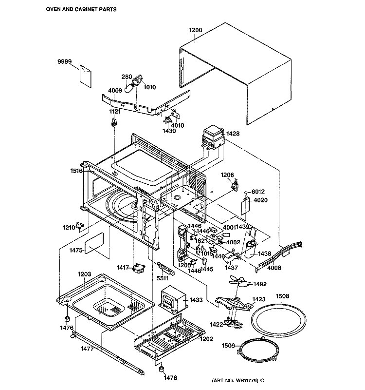BOTTOM PLATE & INTERNAL PARTS Diagram and Parts List for JE1040GY02  General Electric Microwave