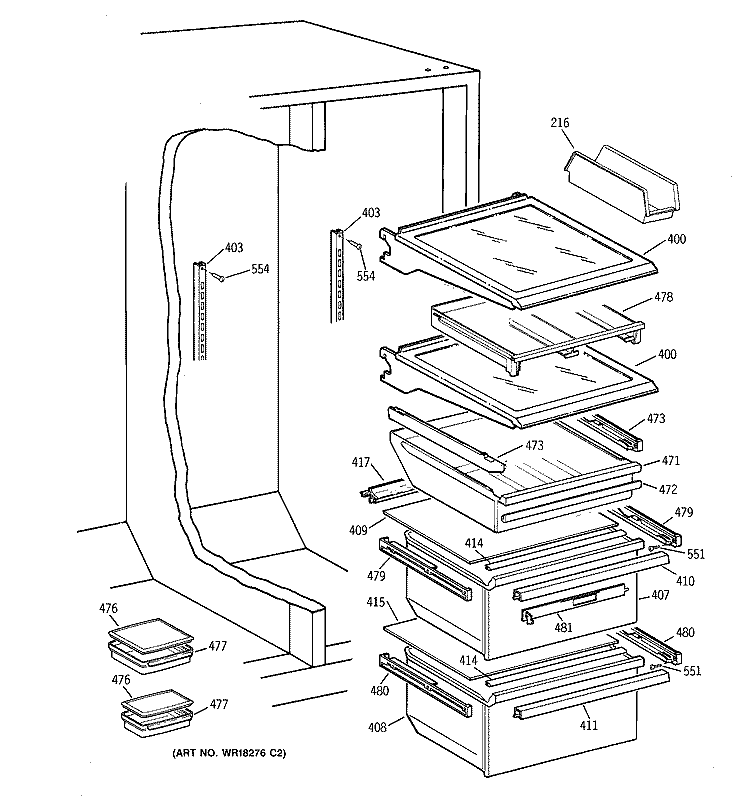 FRESH FOOD SHELVES Diagram and Parts List for TFG28ZFCBWH  General Electric Refrigerator