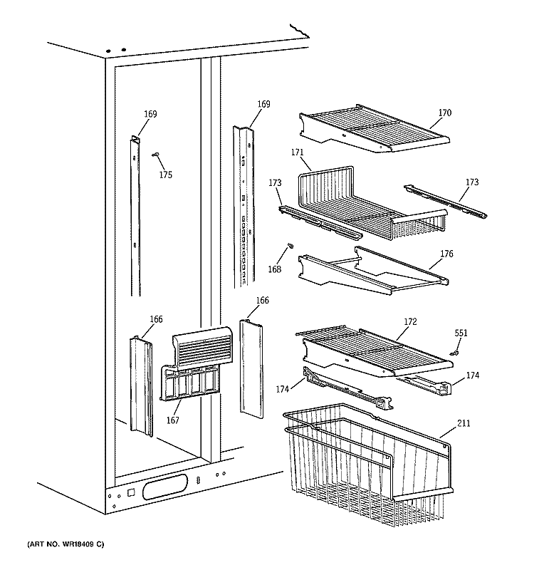 FREEZER SHELVES Diagram and Parts List for TFG30PFCBWW  General Electric Refrigerator