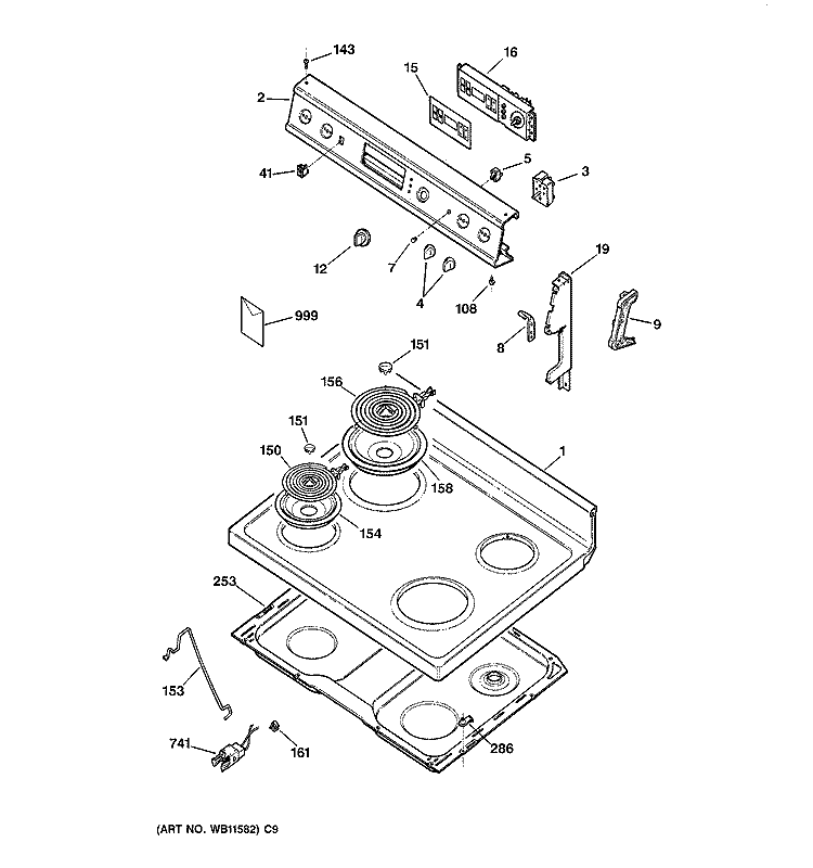 CONTROL PANEL & COOKTOP Diagram and Parts List for JBP30AA4  General Electric Range