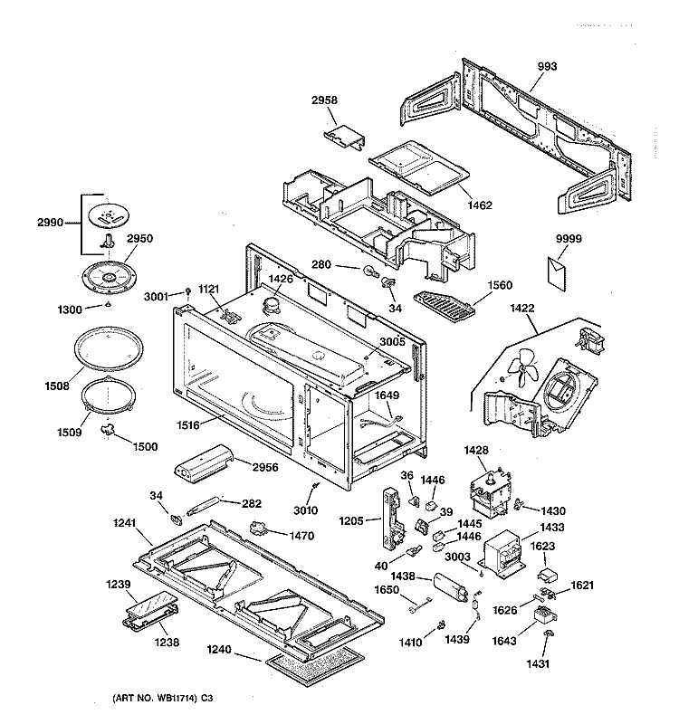 BASE, STIRRER & ELECTRONICS Diagram and Parts List for JVM1339WW02  General Electric Microwave