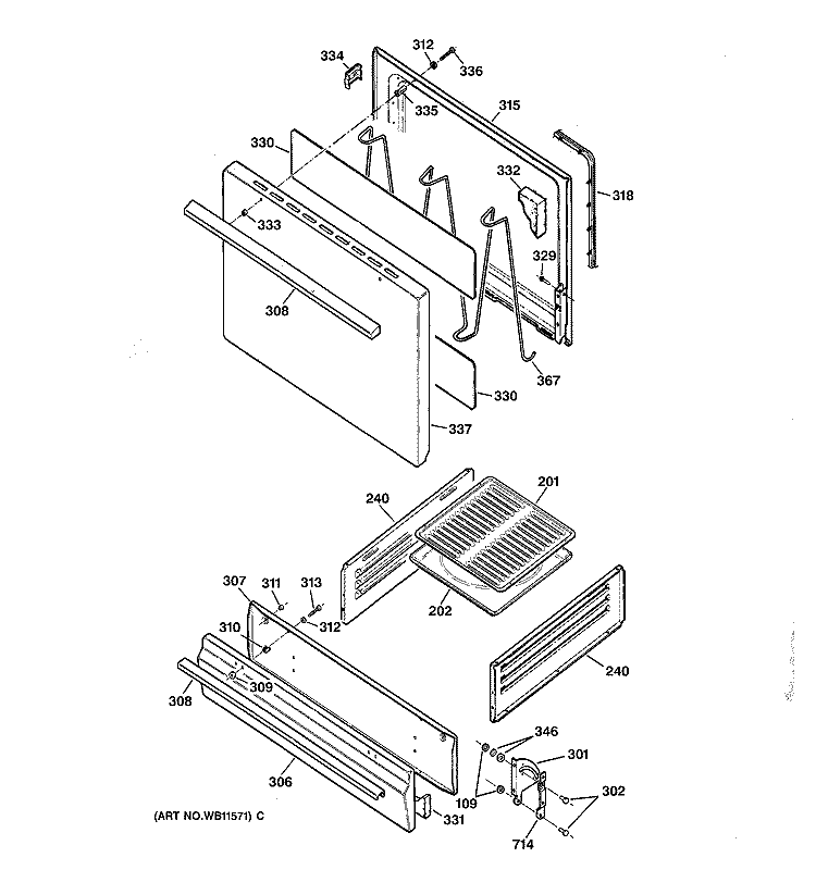 DOOR & DRAWER PARTS Diagram and Parts List for JGBS02PPA1WH  General Electric Range