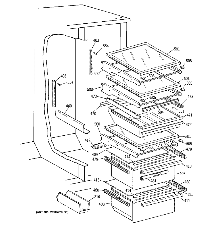 FRESH FOOD SECTION Diagram and Parts List for MSK30DHBAAA  General Electric Refrigerator