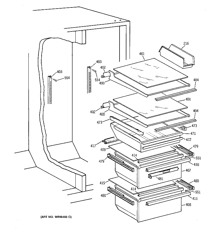 FRESH FOOD SHELVES Diagram and Parts List for MSG28DHCBWW  General Electric Refrigerator