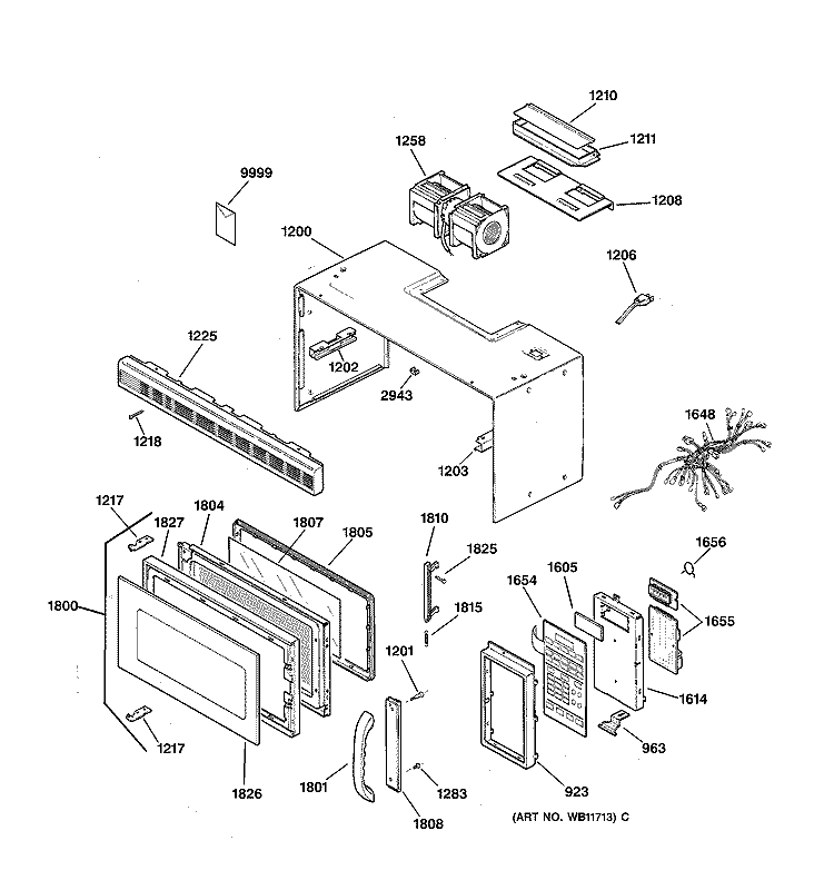 CASE, DOOR & CONTROLS Diagram and Parts List for JVM1350BW03  General Electric Microwave