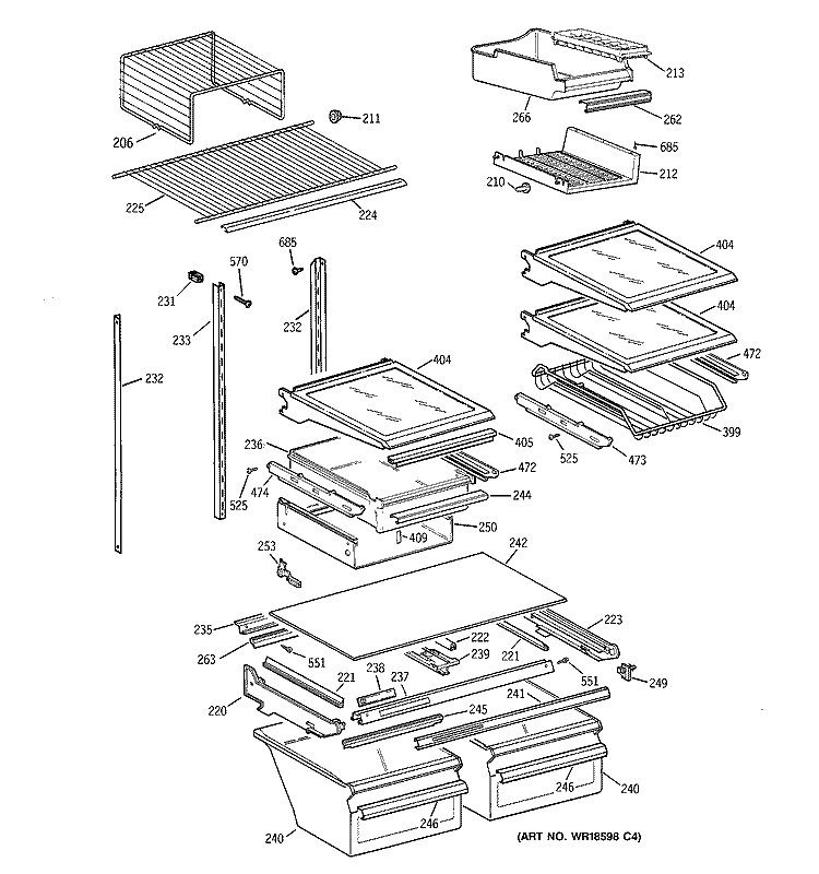 SHELF PARTS Diagram and Parts List for TBT25PABFRAA  General Electric Refrigerator
