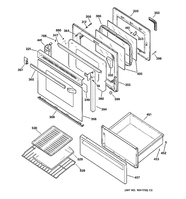 DOOR & DRAWER PARTS Diagram and Parts List for JBP75AY5  General Electric Range