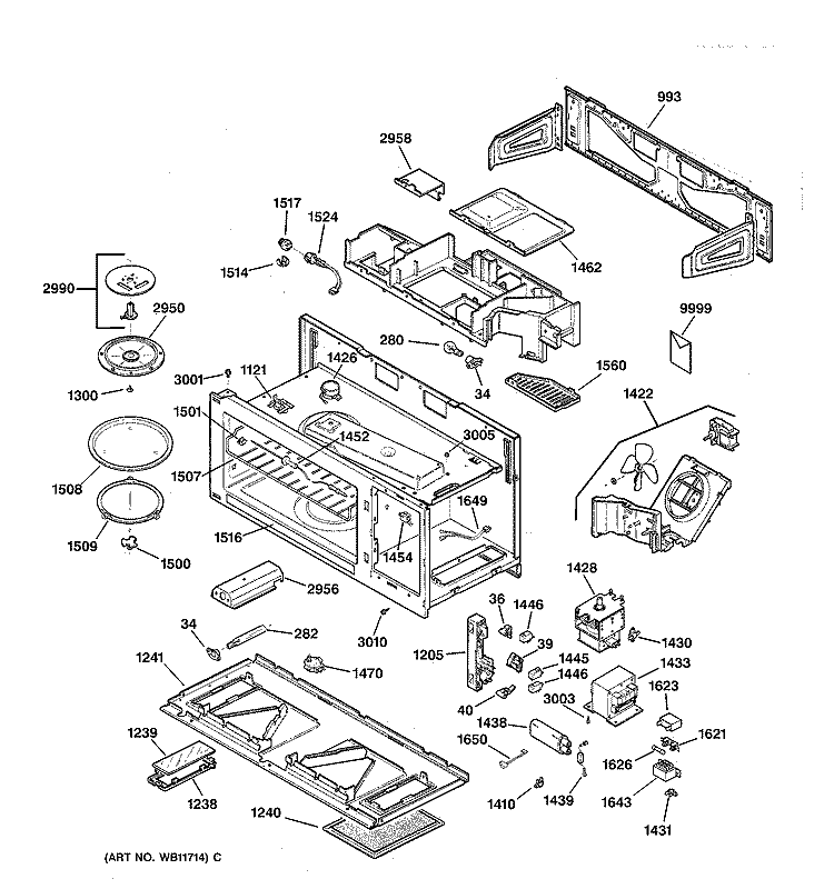 BASE, STIRRER & ELECTRONICS Diagram and Parts List for JVM1350BW01  General Electric Microwave