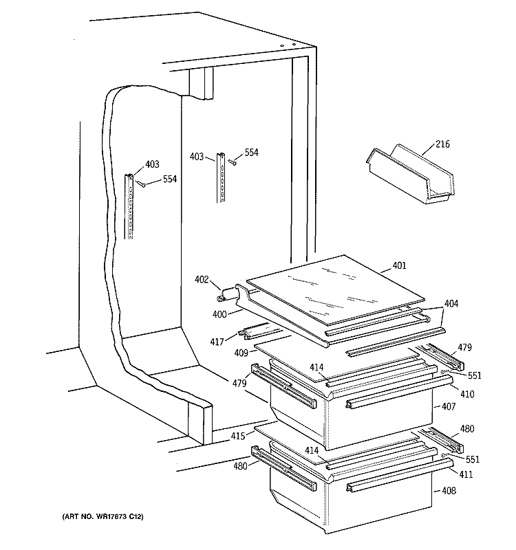 FRESH FOOD SECTION Diagram and Parts List for TFX20JABBAA  General Electric Refrigerator