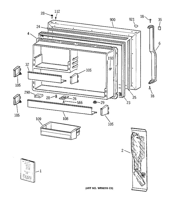 FREEZER DOOR Diagram and Parts List for TBH19ZABNRAA  General Electric Refrigerator