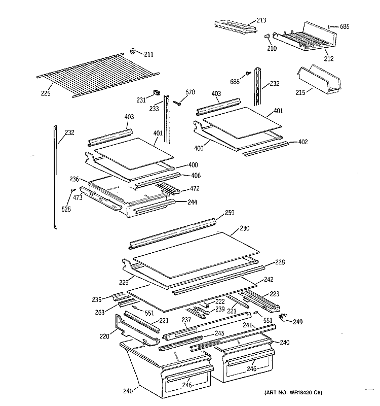 SHELF PARTS Diagram and Parts List for TBT21IABNRAA  General Electric Refrigerator