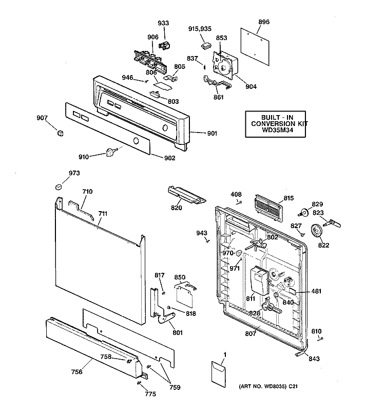 ESCUTCHEON & DOOR ASSEMBLY Diagram and Parts List for GSC3200ZZ0BL  General Electric Dishwasher