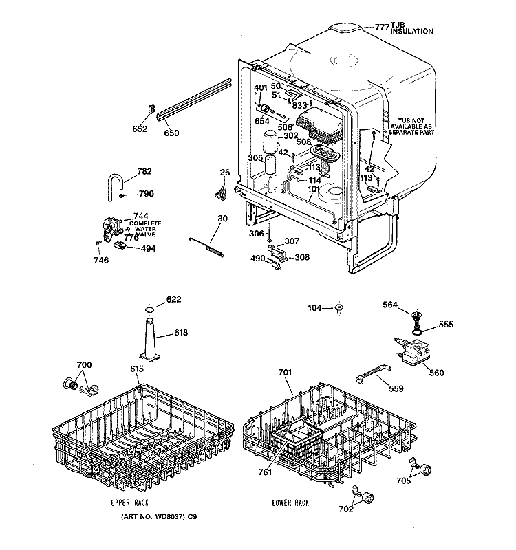 BODY PARTS Diagram and Parts List for GSC3430ZZ0WW  General Electric Dishwasher