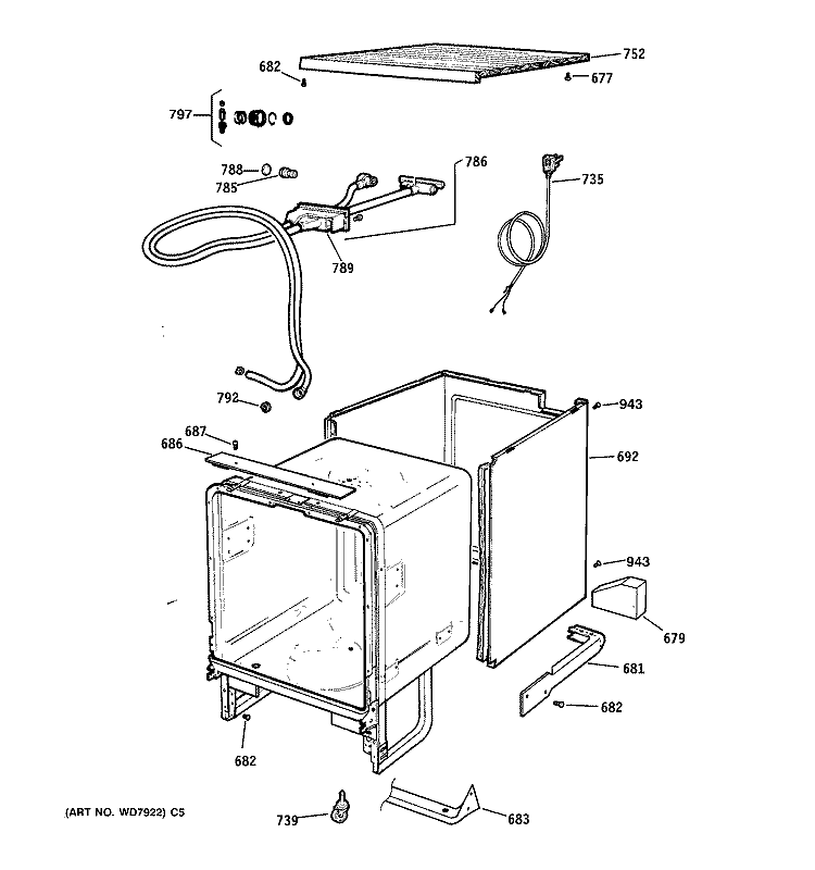 CABINET & EXTERIOR PARTS Diagram and Parts List for GSC3430ZZ0WW  General Electric Dishwasher